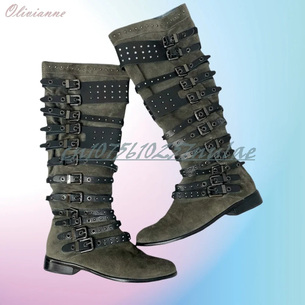 Green Suede Many Belts Mid Calf Boots Crystals Rivets Decor Cool Chunky High Heel Fashion Sexy Women Shoes Zapatos Para Mujere