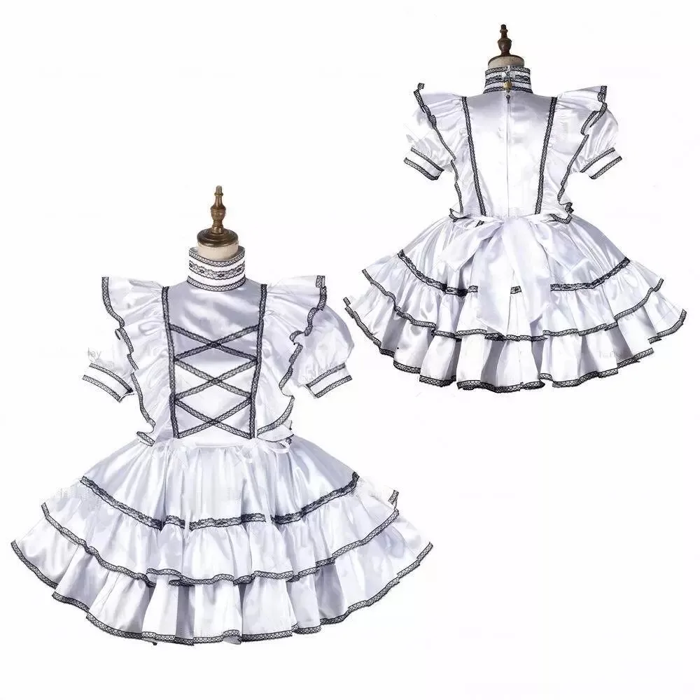 

Sexy sissy French maid silver white satin lockable multi-layer ruffle edge dress maid cosplay costume customizable