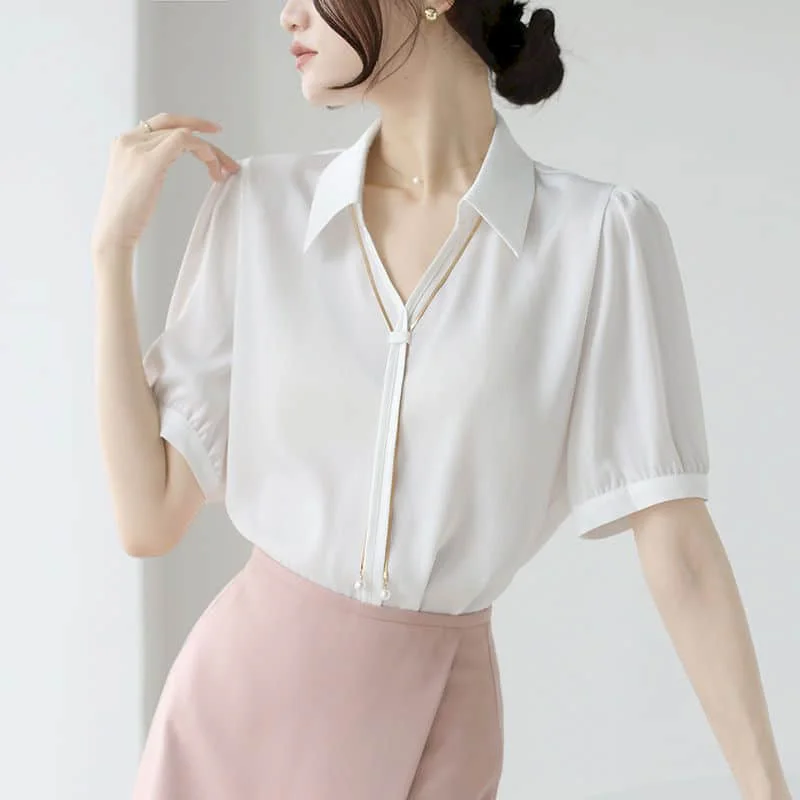 Satin Chiffon Shirts for Women Temperament Half Sleeve Elegant Korean Style Polo-neck One Piece Retro Blouse Office Women Tops