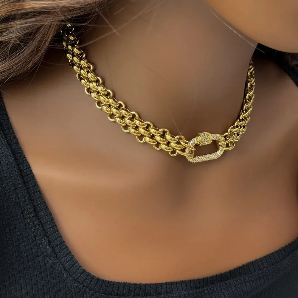 18K Gold Plated Stainless Steel Zircon Clasp Pendant Necklace for Women Waterproof Three Layer Braided Chains Choker Jewelry