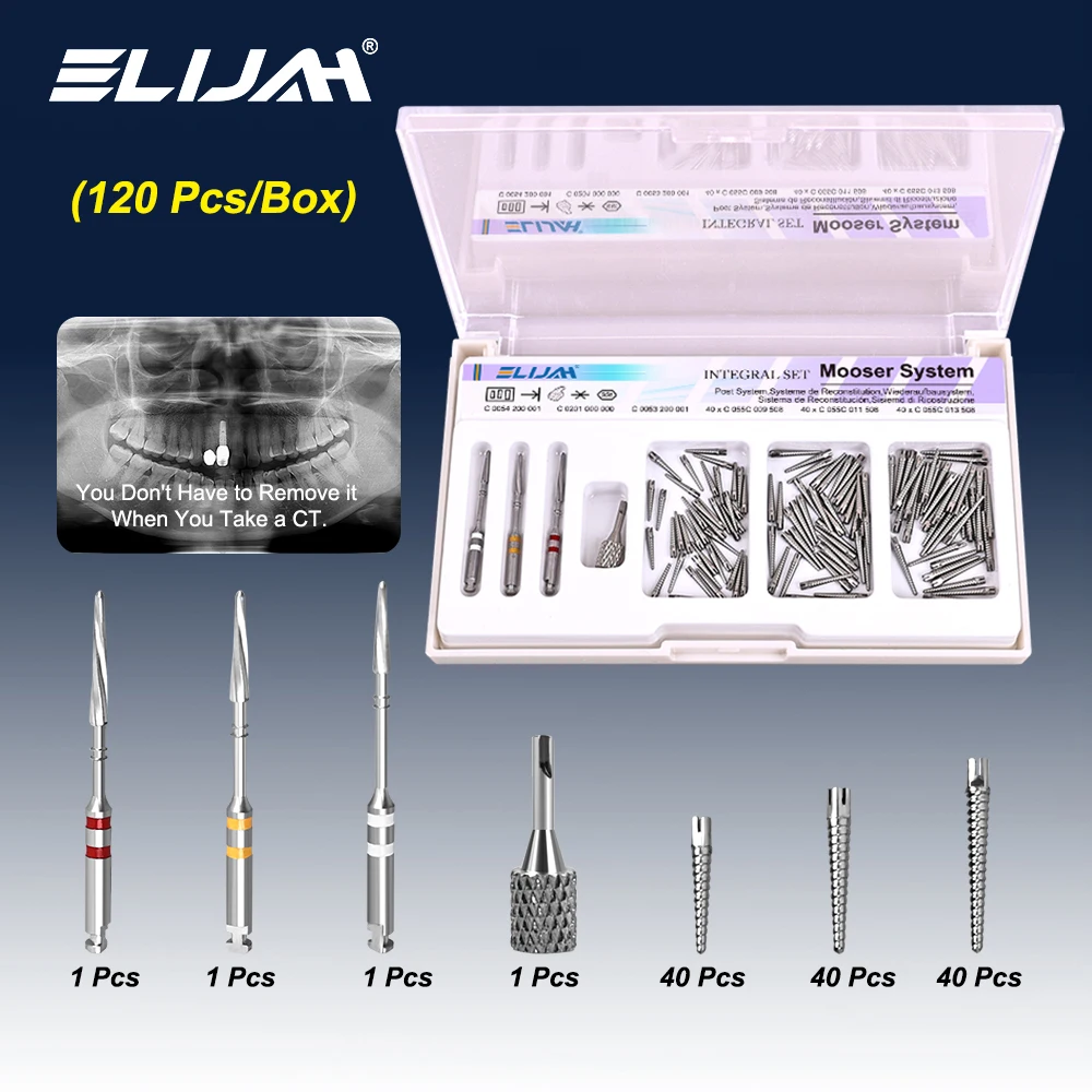 ELIJAH 120 pièces poteaux à vis dentaires en acier inoxydable C055C système de poteau à vis Mooser dents de clou filetées matériaux de dentisterie fixes