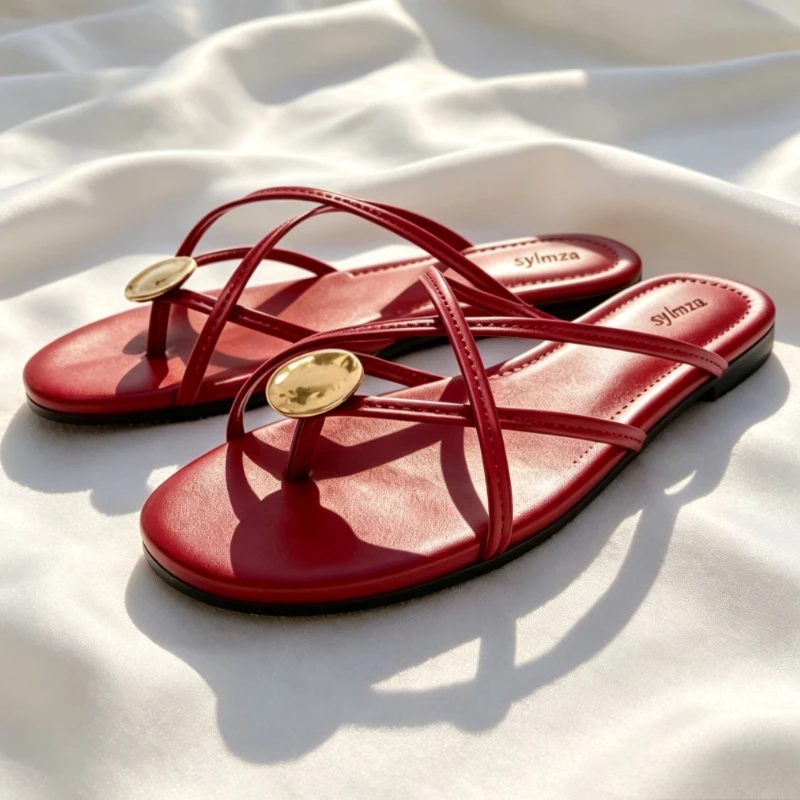 Fashion Metal Decoration Flat Slippers Women Elegant Narrow Band Sandals Summer 2026 Light Comfortable Beach Shoes for Ladies