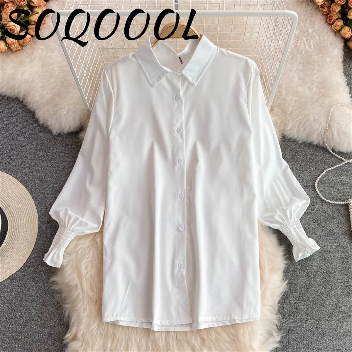 New Autumn Fashion Korean Office Lady Lapel Lantern Sleeves White Shirt +V-neck Knitted Vest Casual Two-piece Set Clothes Women