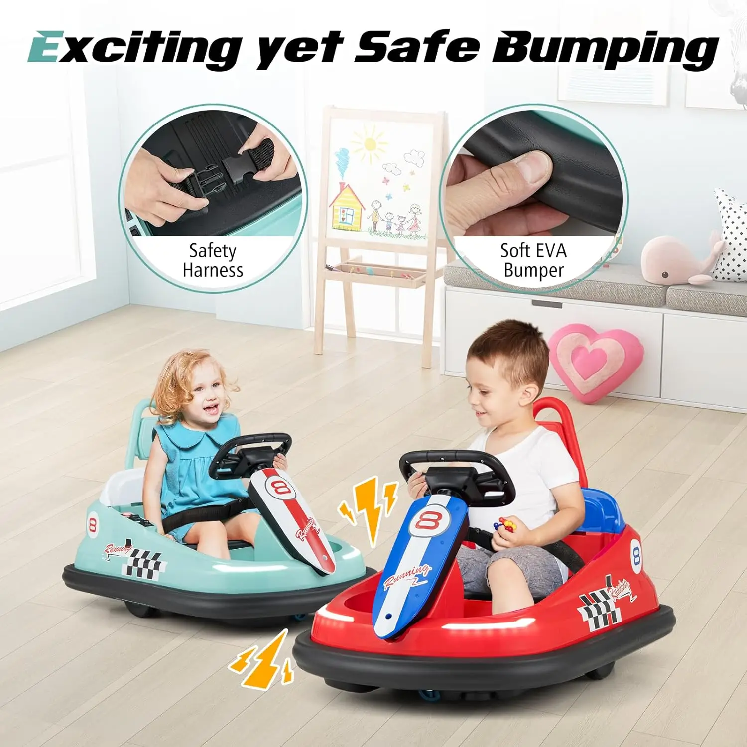 Coche de parachoques para niños pequeños de 1 a 3 años, coches de choque eléctricos para niños de 6 V con 360 °   Spin, Motores duales, 2 MPH máx., Música FM, Puerto USB AUX, Historia,
