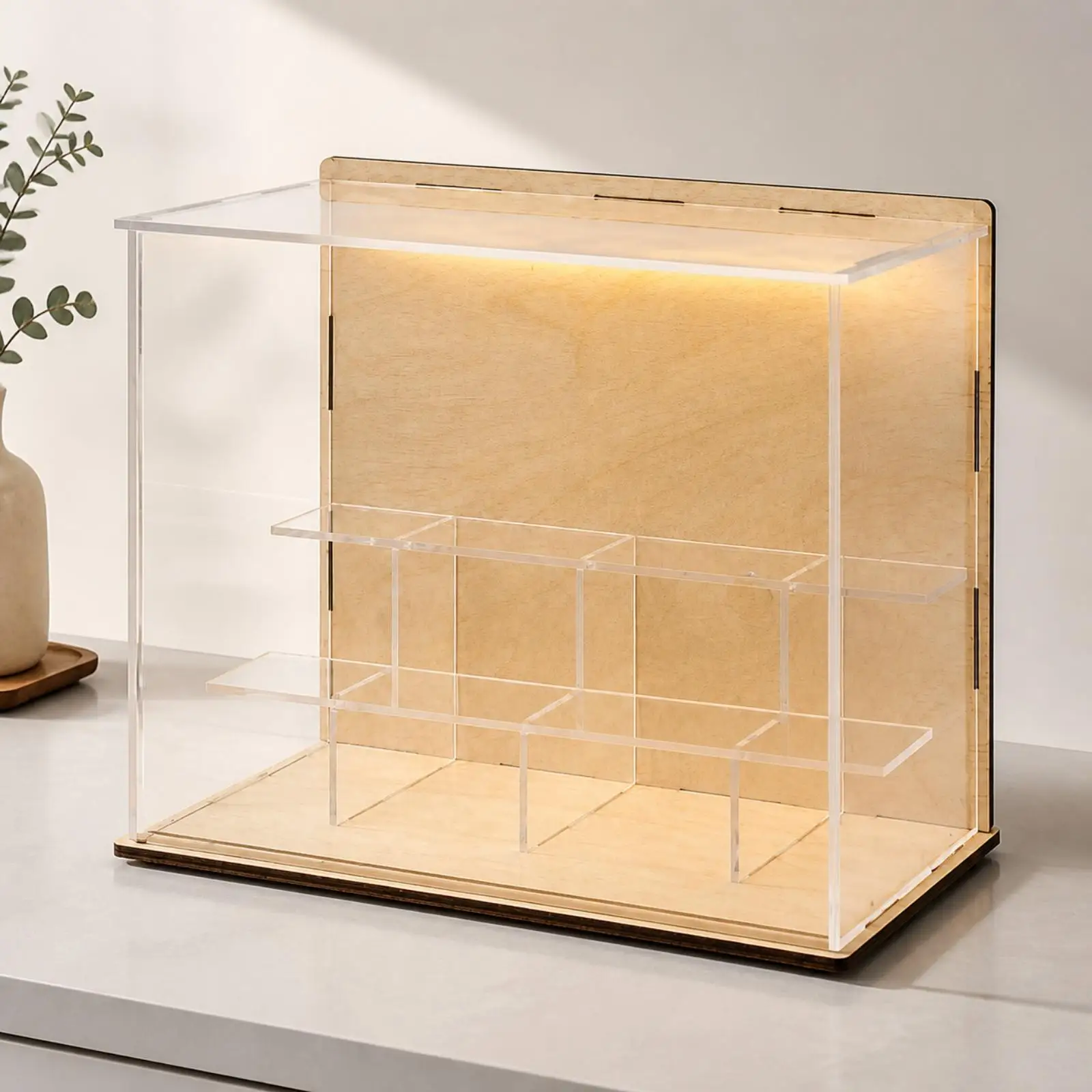 Acrylic Display Case for Action Figures Wood Base Dustproof Collectible Showcase with Shelves for Gundam Model