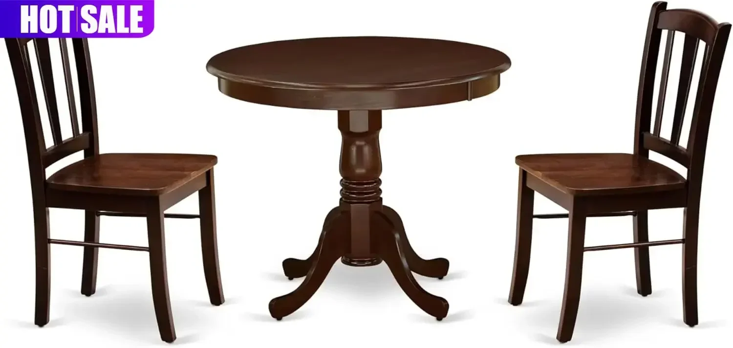 3 Piece Kitchen Table And Chairs Set Contains Round Dining Room Table With Pedestal And Two Dining Chairs 36x36 Inch Mahogany