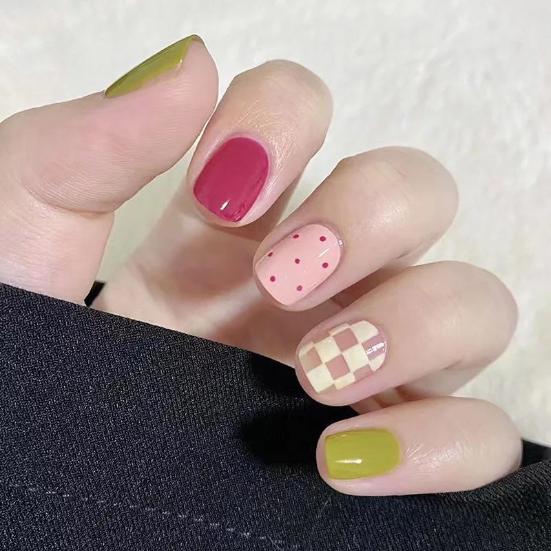 Short Rainbow Soft Candy Jump Color Wave Dot Checkerboard Wear Nail Product Removable Ultra Thin Women False Nail Sheet