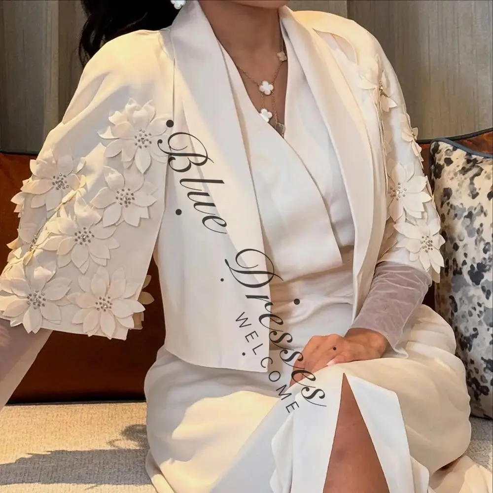 Maßgeschneiderte A-Linie-Abendkleider, knöchellang, V-Ausschnitt, volle Ärmel, Abendkleid, modische Blumen, Stola, schlichtes drapiertes Partykleid