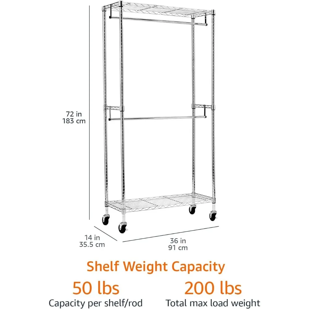 Adjustable Double Hanging Rod Garment Rolling Closet Organizer, Chrome Finish, 36'' x 14'' x 72''