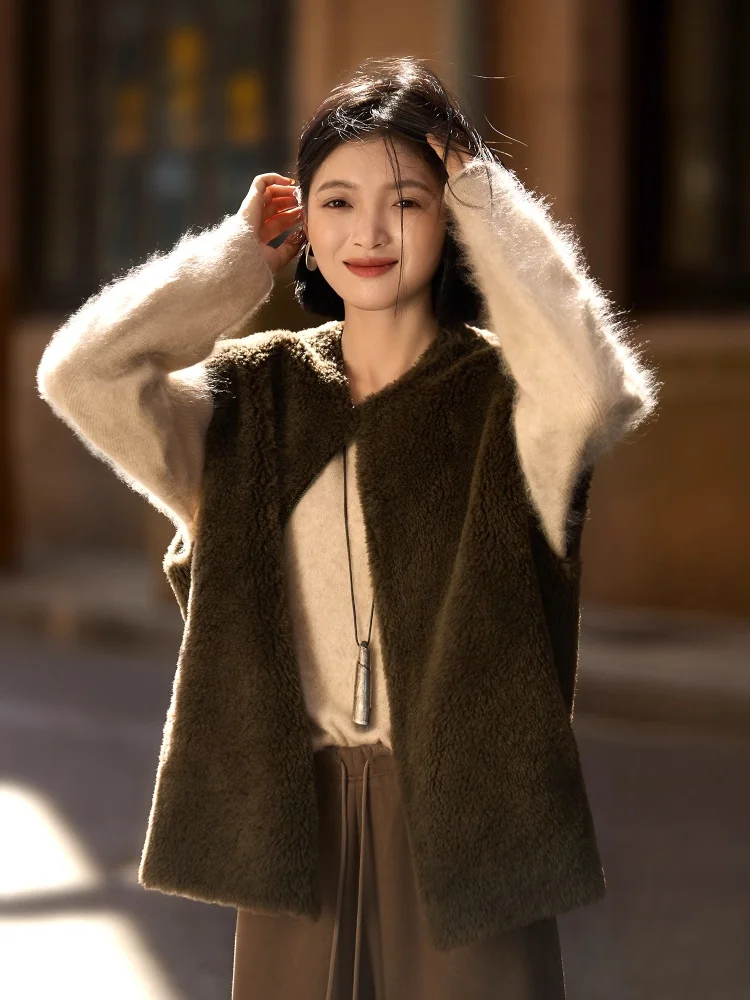 BirdTree,Fluff Rompi Retro 100% Wol Domba, Atasan Wanita dengan Kerah O dan Ritsleting, Rompi Polos Gaya Kerja, Musim Gugur Musim Dingin 2025 T5O518JF