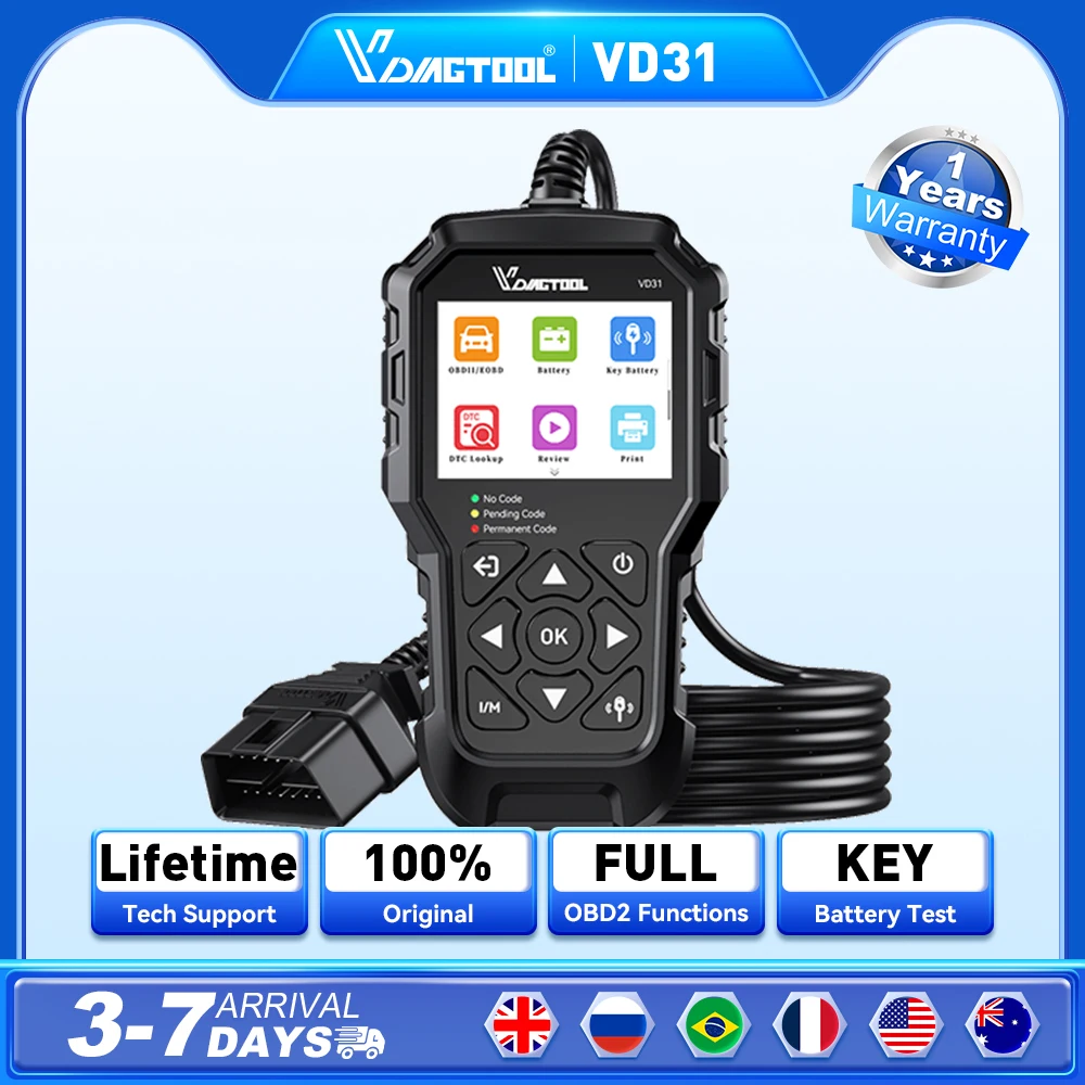 

VDIAGTOOL VD31 Car Fault Code Reader Key Battery Tester Accurate Engine Diagnostic Scanner Tool Read & Erase Fault Code View