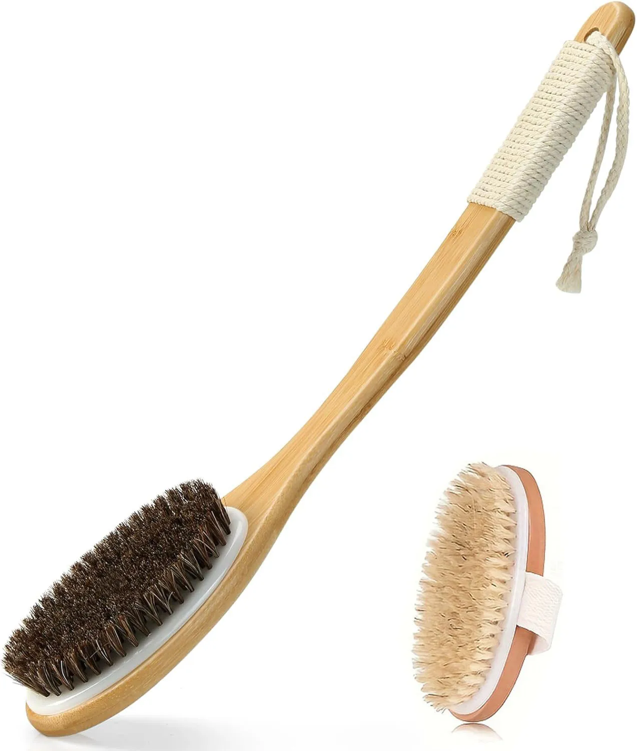 Bamboo Back Scrubber for Shower with Curved Long Handle, Shower Brush Exfoliating Brush with Natural Horse Bristles