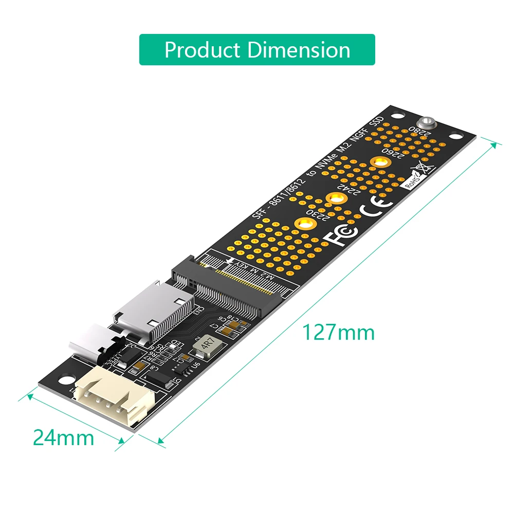 TISHRIC M2 NVMe M-Key To SFF-8611 8612 Adapter Riser Card Support M.2 SSD 2230/2242/2260/2280 Hard Disk 5V 12V 4Pin Type C Power