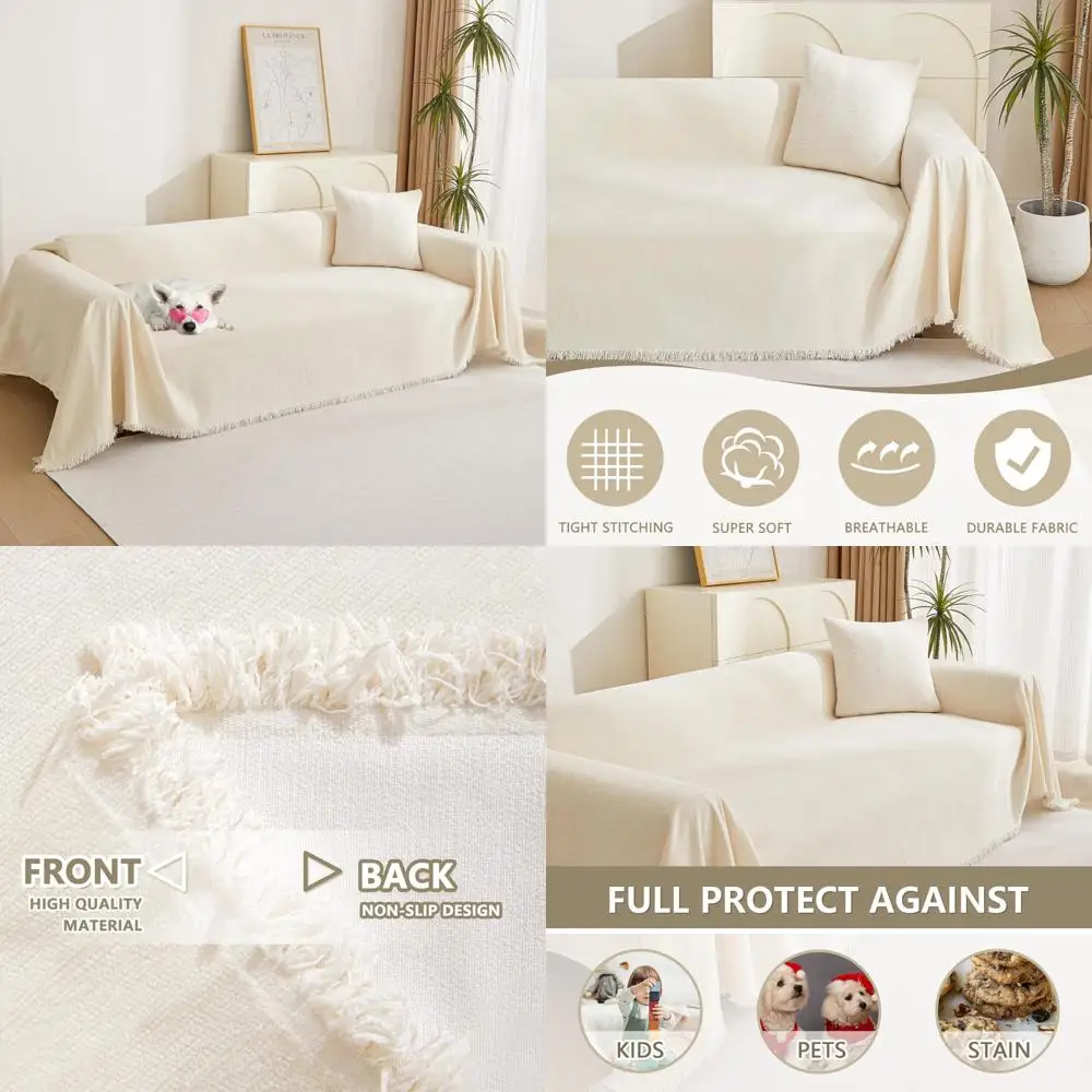 

3-Cushion Chenille Sofa Cover with Tassel, Sectional L-Shaped Couch Slipcovers for Dogs, Protective Furniture Covers