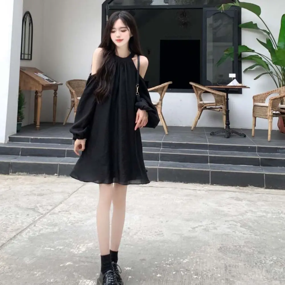 

Sweet Lantern Sleeve Off Shoulder Halter Dress Korean Style Elegant Halter Mini Dress Thin Beachwear A-line Short Skirt Party