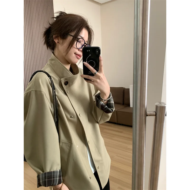 Women Trench Coats Patchwork Jackets Turn Down Collar Long Sleeve Single Breasted Mid Length Loose Y2k Casual 2025 Autumn Winter