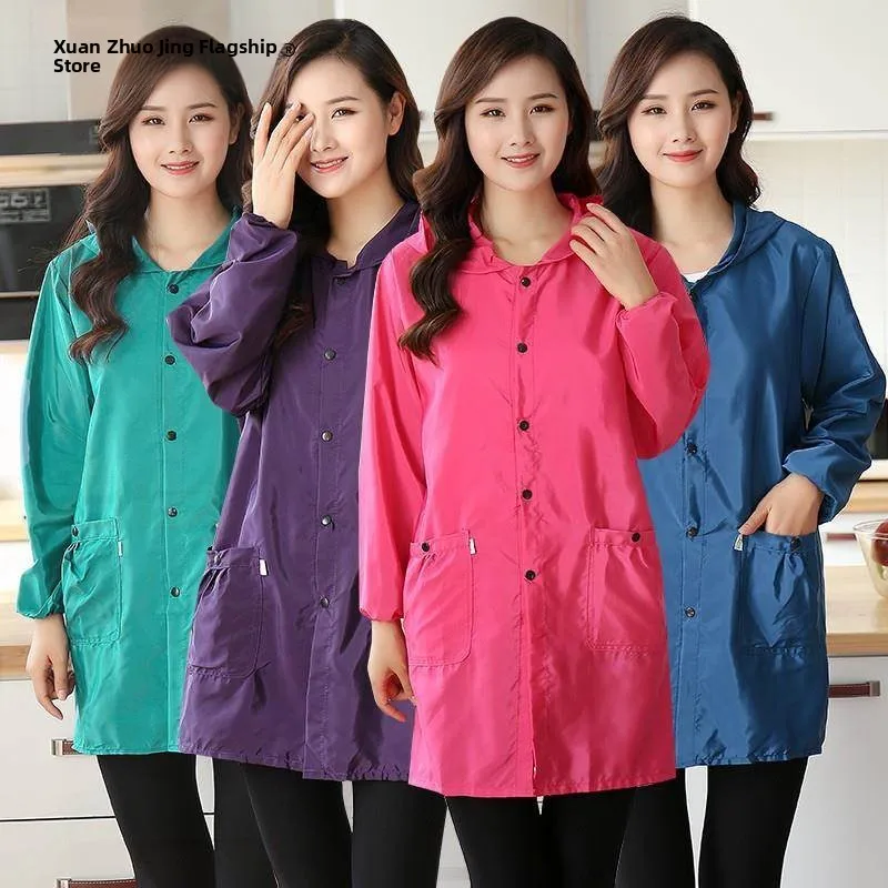 

Fashionable Waterproof Oil-resistant Long-sleeve Thin Apron Women's Workwear Home Kitchen Apron Protective Coat Korean Style