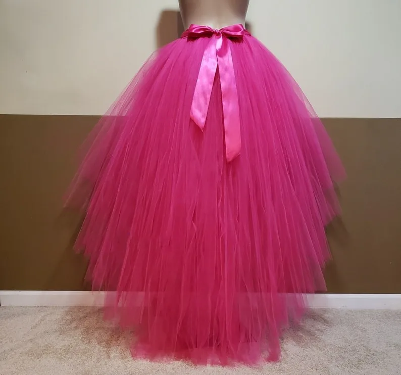 Real Image Fuchsia High Low Long Tulle Skirts With Ribbon Sash Floor Length Long Tutu Tulle Women Skirt Maxi Skirt