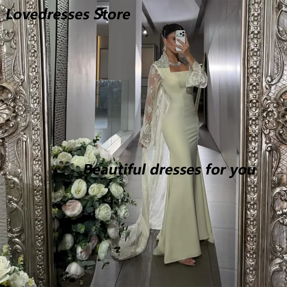 Customized Cream Rhinestone Collar Lace Mother Of The Bride Gown Square Neck Cape Long Sleeve Mermaid Formal Wedding Guest Dress