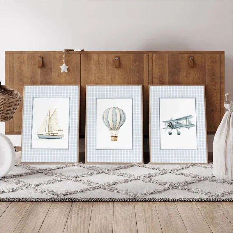 Vintage Travel Transportation Hot Air Balloon Boat Plane Train Nordic Poster Canvas Painting Wall Pictures Boy’s Room Home Decor
