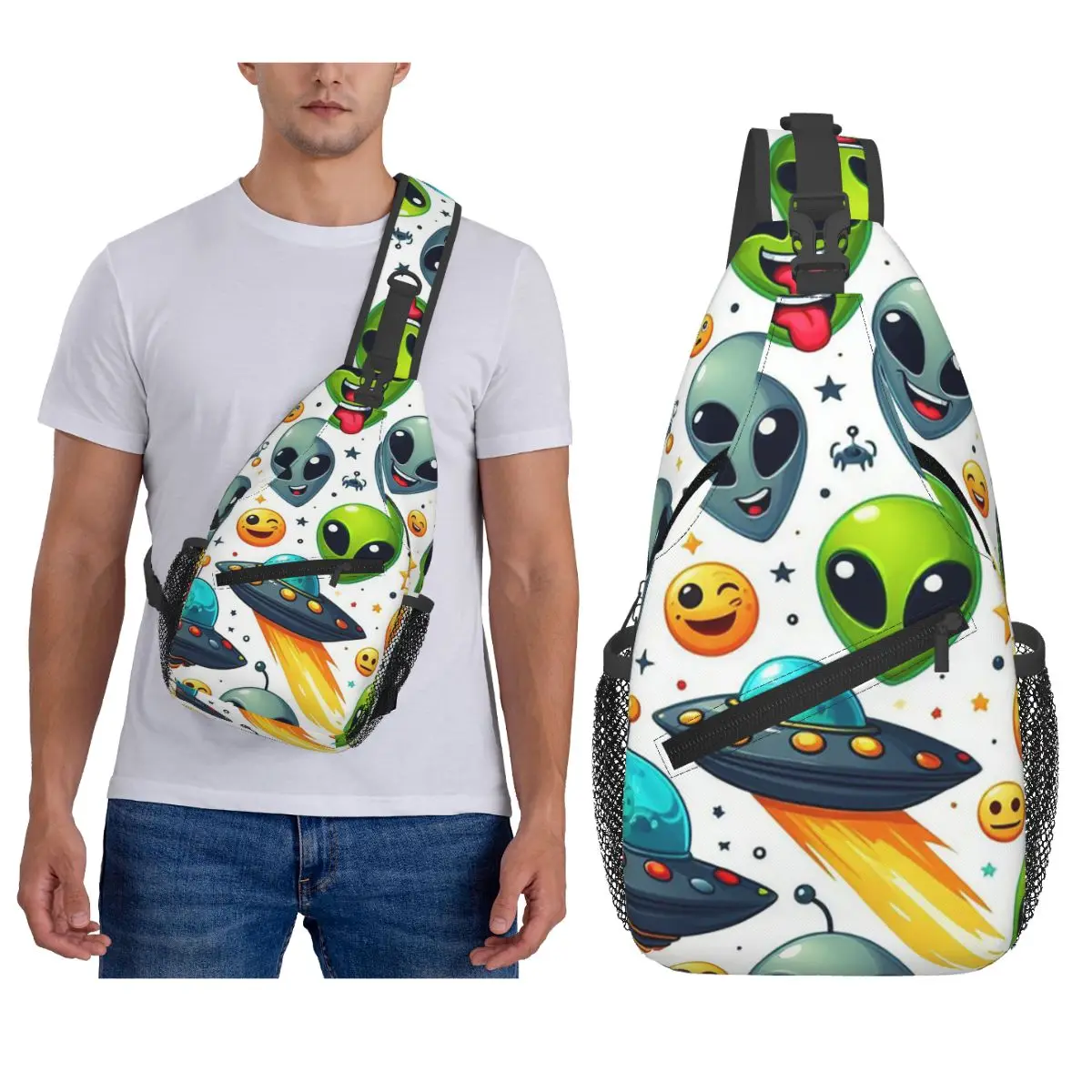 Green Alien And UFO Pattern Chest Bag Men Sling Crossbody Backpack Chest Bag Traveling Hiking Daypack Shoulder Bag