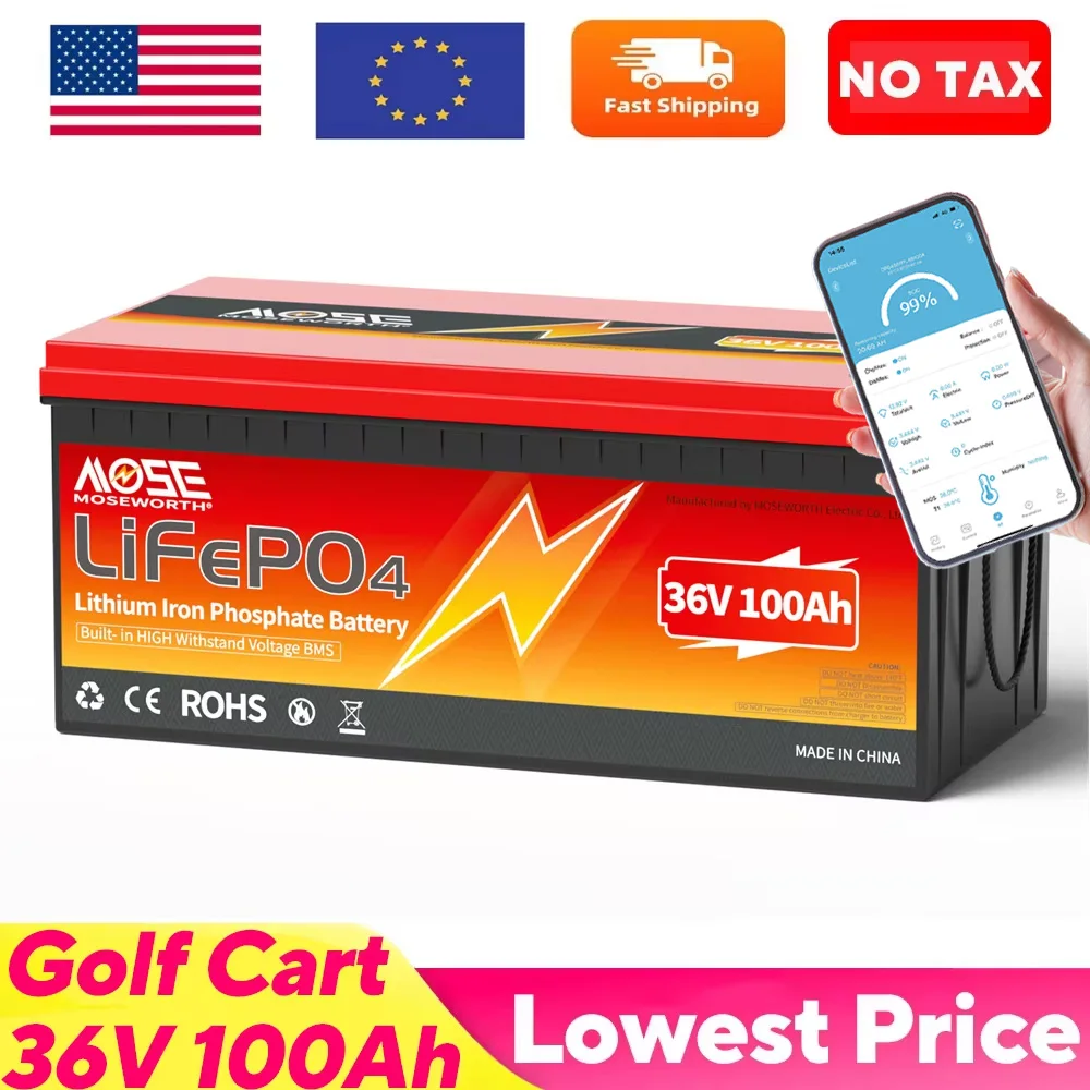 36V 100Ah Lifepo4 Battery Rechargeable Lithium Battery with Smart 200A BMS 5000+ Deep Cycles for Boat Golf Cart Solar Off Grid
