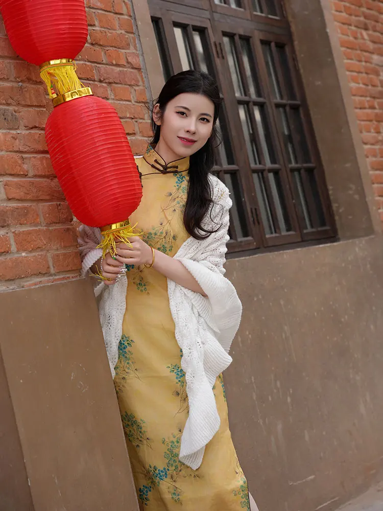 

Шелковое платье Ele Long для весенне-летнего сезона, приталенное, в китайском стиле, с национальным узором, желтое