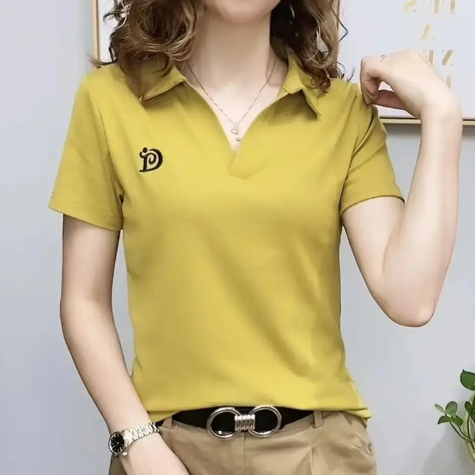 Polo T Shirt for Women Short Sleeve New Summer V-neck Letter Pullover Knitted Tees Female Clothing Plus Size Ladies Tops