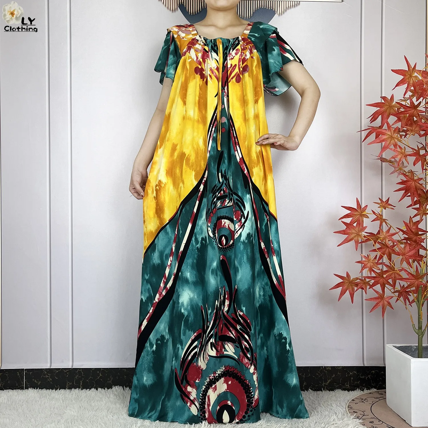 2024New Dubai Summer Fashion Short Sleeve Woman Dress African Dashiki Floral Printing Cotton Loose Islam Lady Dresses With Scarf