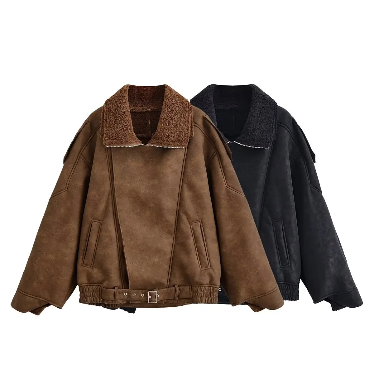 

2025 WOMAN fashion European and American style autumn new imitation leather effect suede texture jacket coat Outerwear Mujer