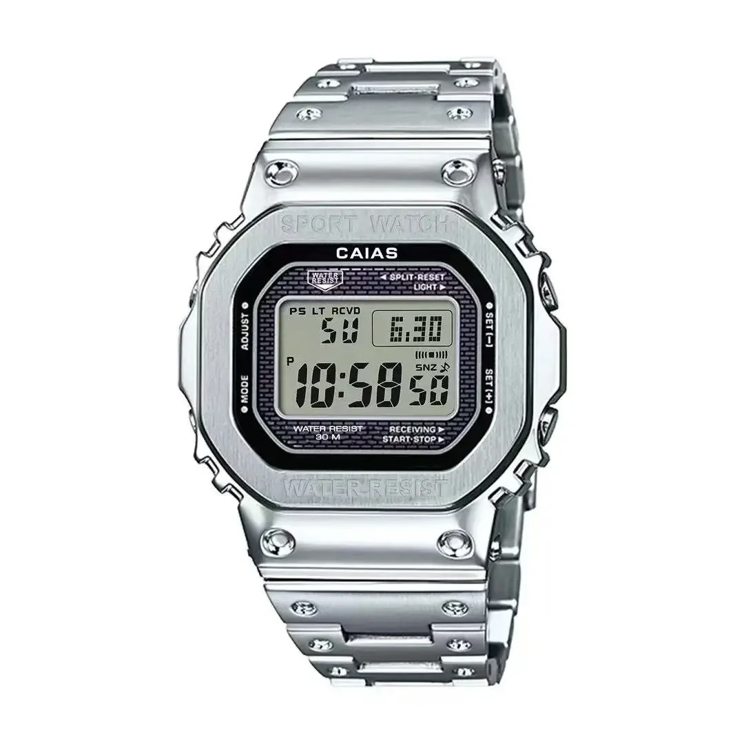 ساعة رياضية رقمية إلكترونية للجنسين كاملة الوظائف بالتوقيت العالمي وحزام فولاذي قابل للطي وإبزيم مربع LED سلسلة 5000 من خشب البلوط