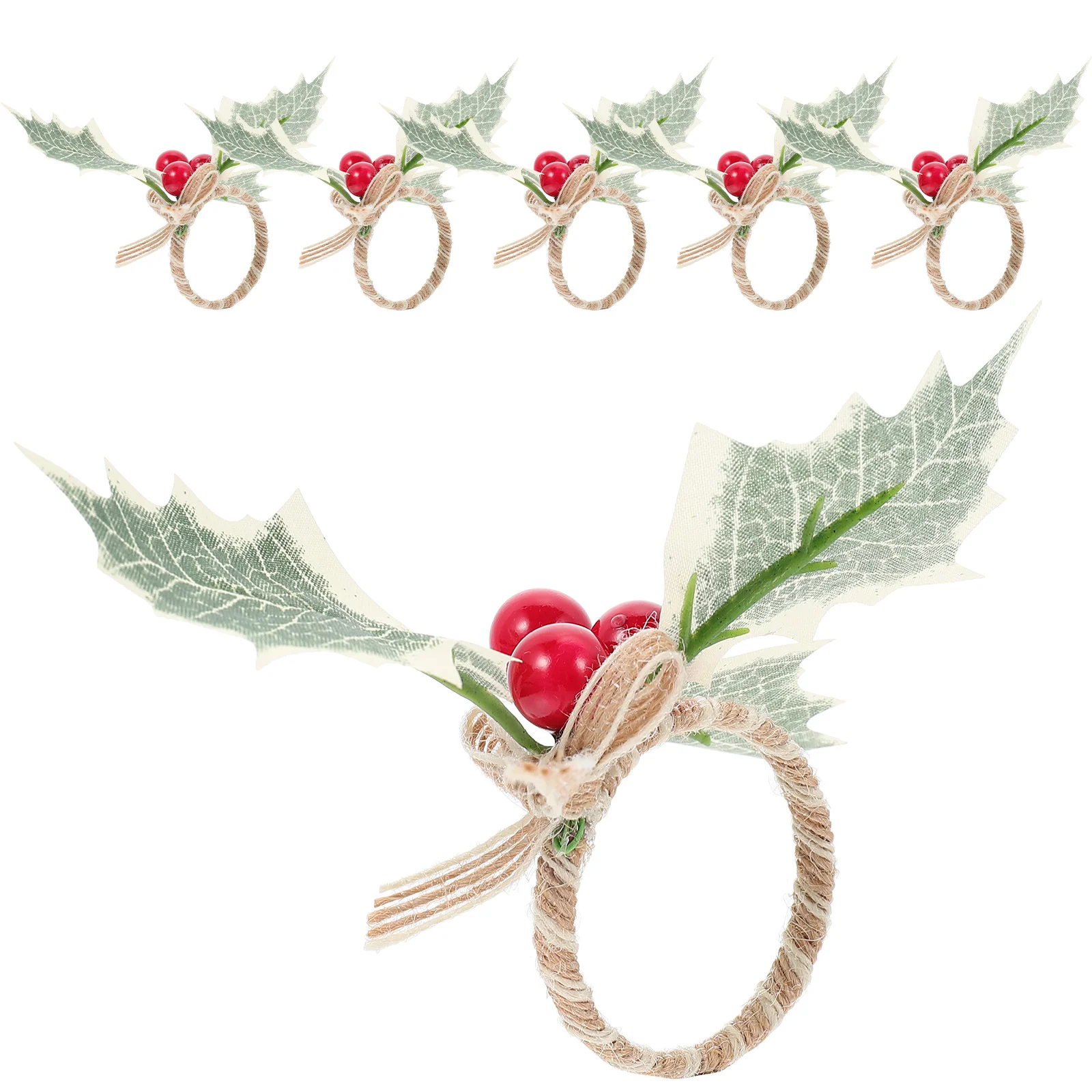 

6pcs Christmas Napkin Rings Simulated Green Leaves Berry Design Lightweight Table Decoration Party Serviette Clasps Wine Bottle