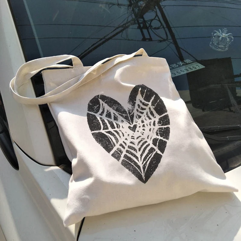 y2k Spider web print canvas bag emo casual big capacity Punk Aesthetic zip up kpop shopper bag gothic casual women shoulder bag