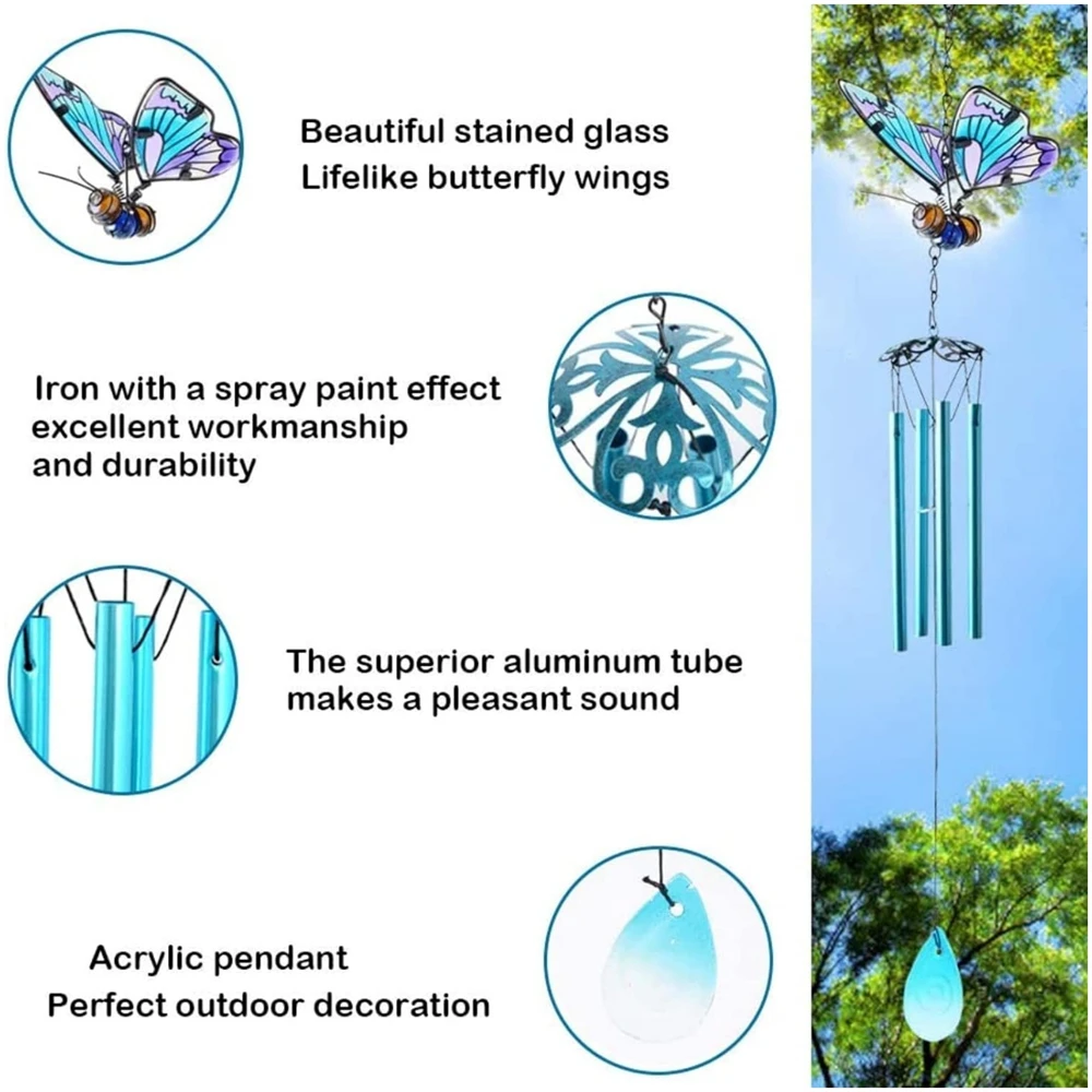 3D Butterfly Wind Chimes Iron Stained Glass Butterfly Wind Chimes with Tube Gift for Mom for Home Garden Window Yard Patio Decor