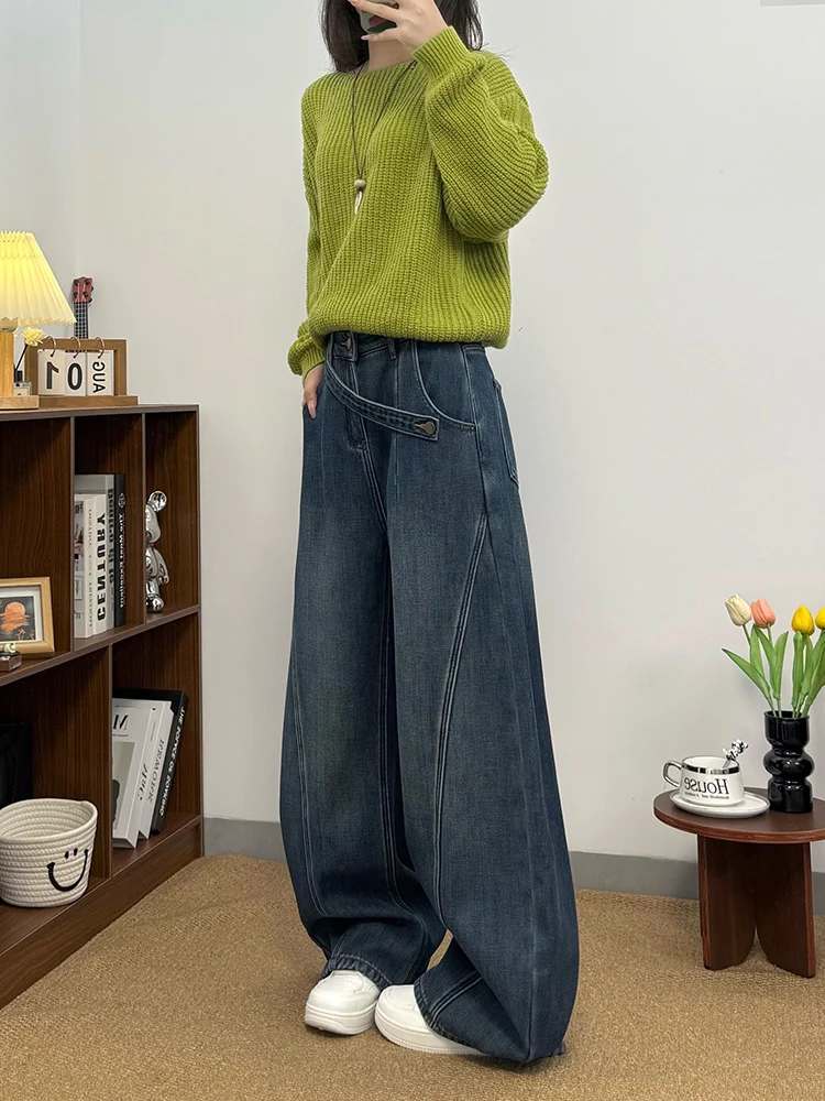 Calça jeans feminina de perna larga da moda americana de inverno com design de zíper inclinado