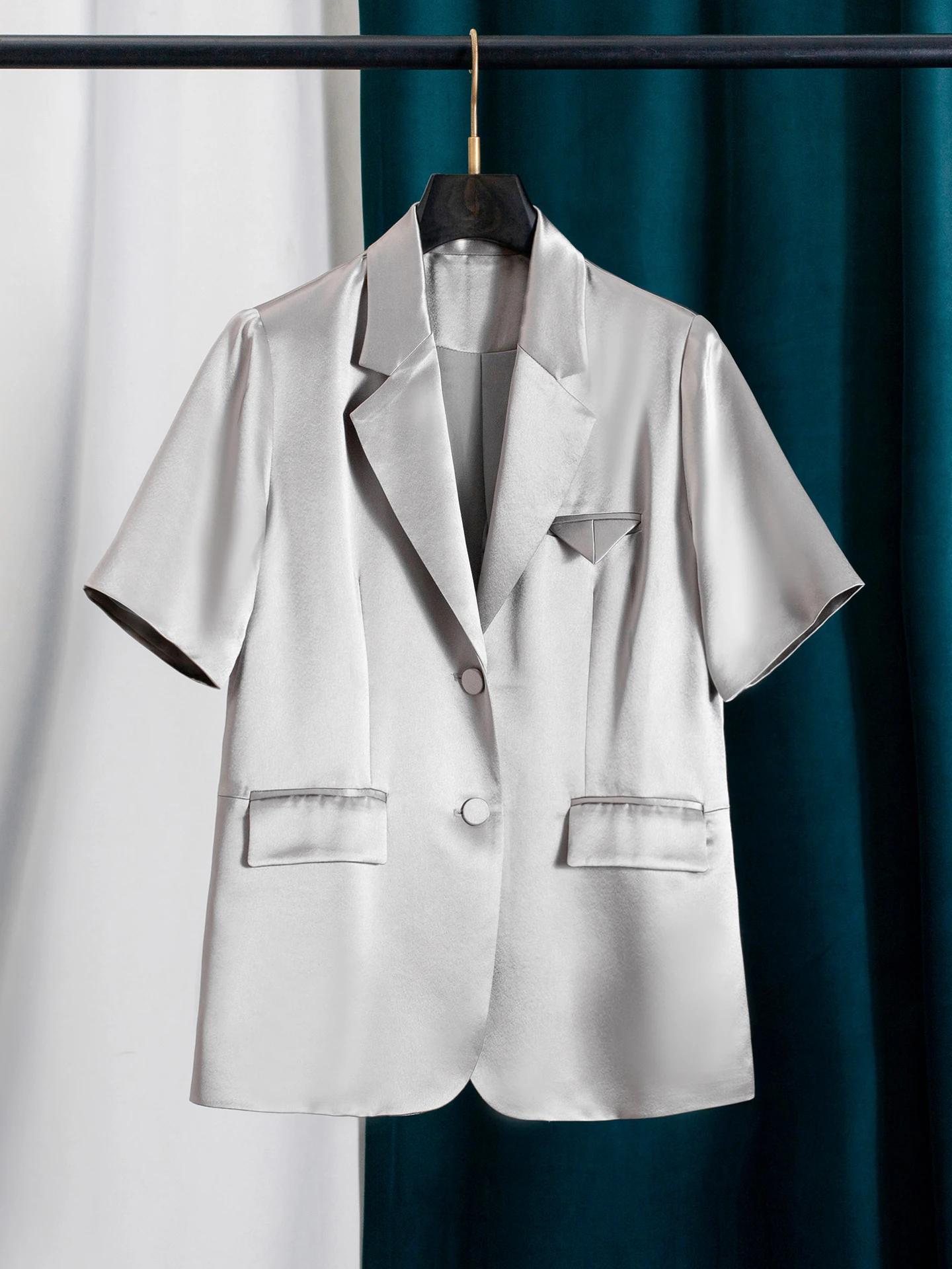 

ay Satin Loose ort Sve Suit Jaet Women's Summer Casual ape Outerwear Commute Sle Thin Fabric Regular Length