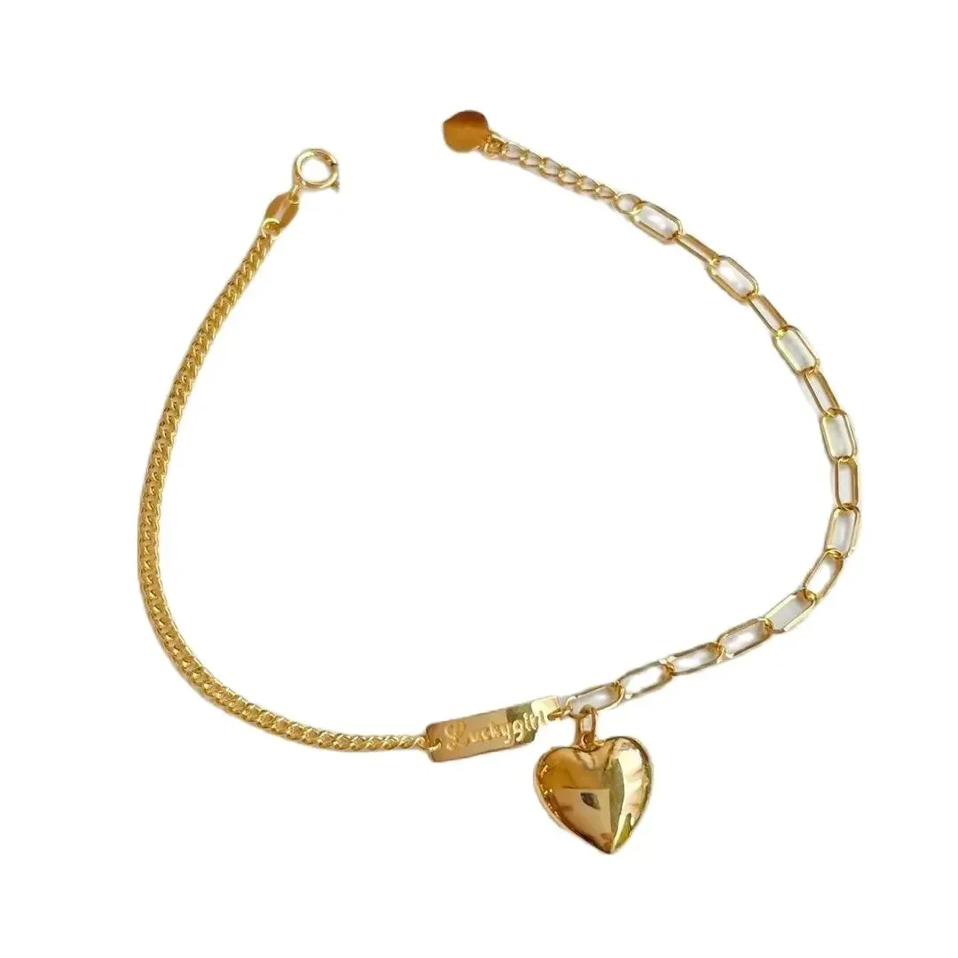 

DSHIJOJ 18K Yellow Gold Women Bracelet Double Rope Chain Heart Dangle Au750 Stamp