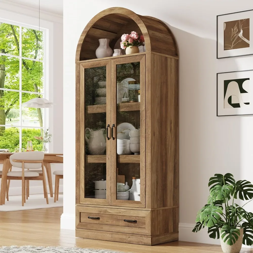 75 Inch Tall Arched Kitchen Pantry Cabinet with Load-Bearing Steel and Glass Door Storage