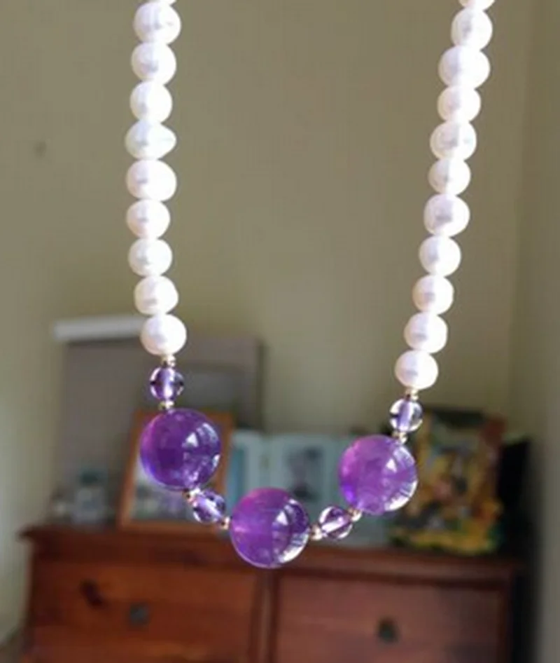 Nice 5-6mm Freshwater Baroque White Pearl Natural Amethyst Necklace 50cm 14KGP