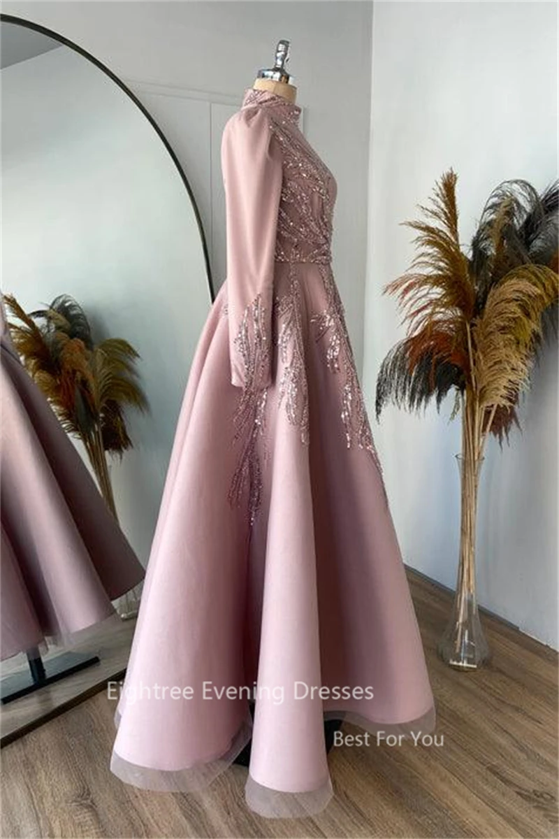 Eightree Dubai A Line Prom Gowns Long Sleeves Luxurious Evening Dresses Sequined Lace Arabic Long Wedding Party Dress Customized