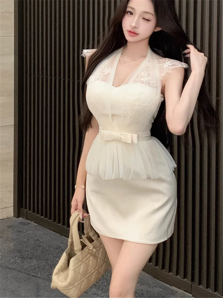 Elegante Celebrity Lady Albicocca Halter Lace Mesh Patchwork Abito corto a tubino Summer Office Donna Mini abito aderente senza maniche