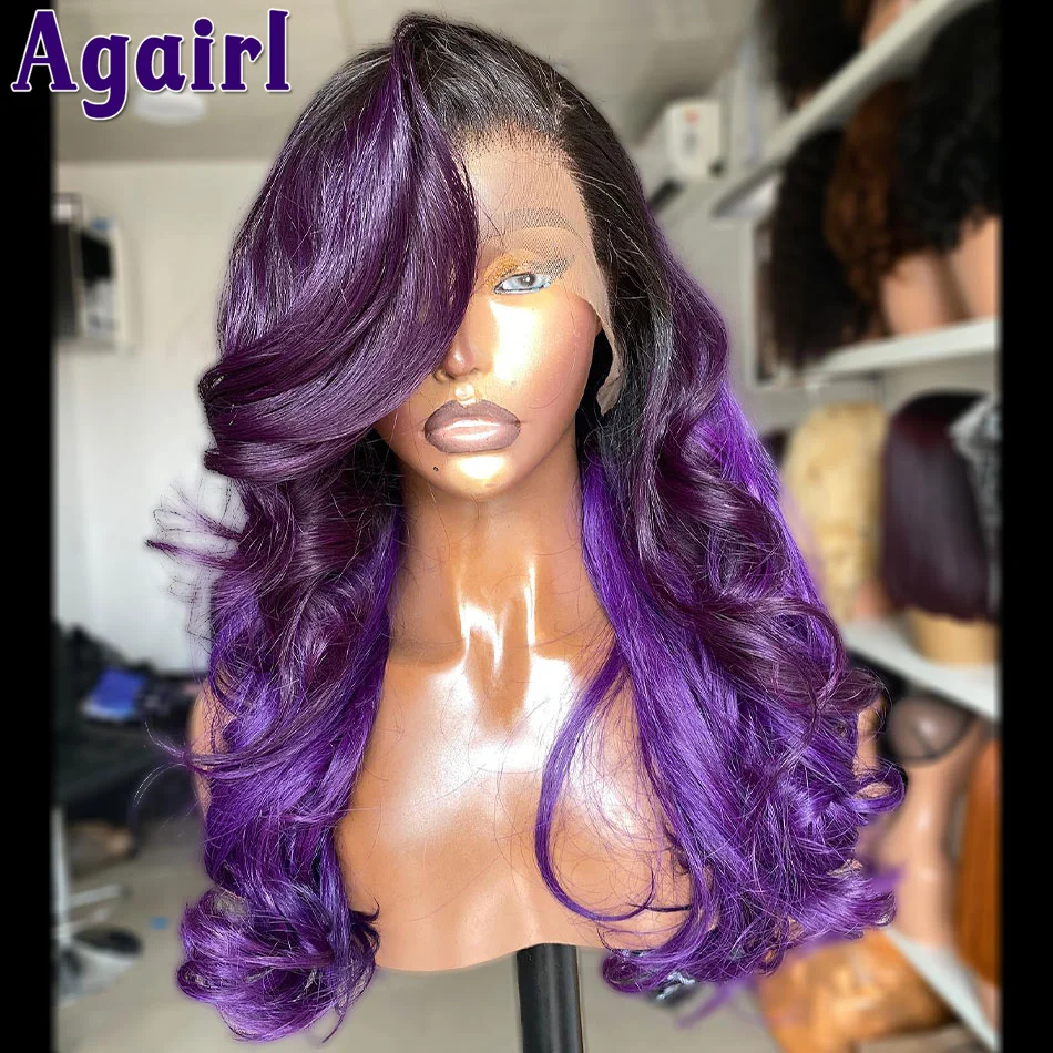 

Ombre Dark Purple 34 Inch 13x4 13x6 Body Wave Human Hair Wigs Ready To Go Transparent 6X4 Lace Closure Wig 200 Density For Women