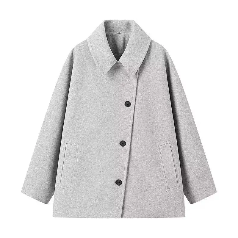 Fashion Single Breasted Lapel Woolen Coat Women Oversized Pockets Short Jackets Autumn Clothing Streetwear Outerwear 2024 image 6