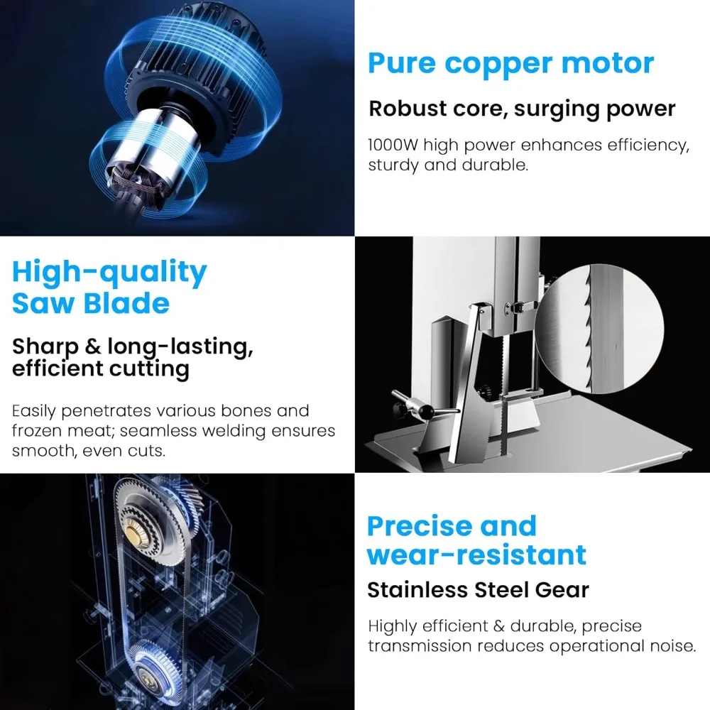 Sega per ossa elettrica ad alta potenza da 1000 W con piano di lavoro in acciaio inossidabile 18x14, taglia spessore 0,04-3,9, ideale per carne congelata