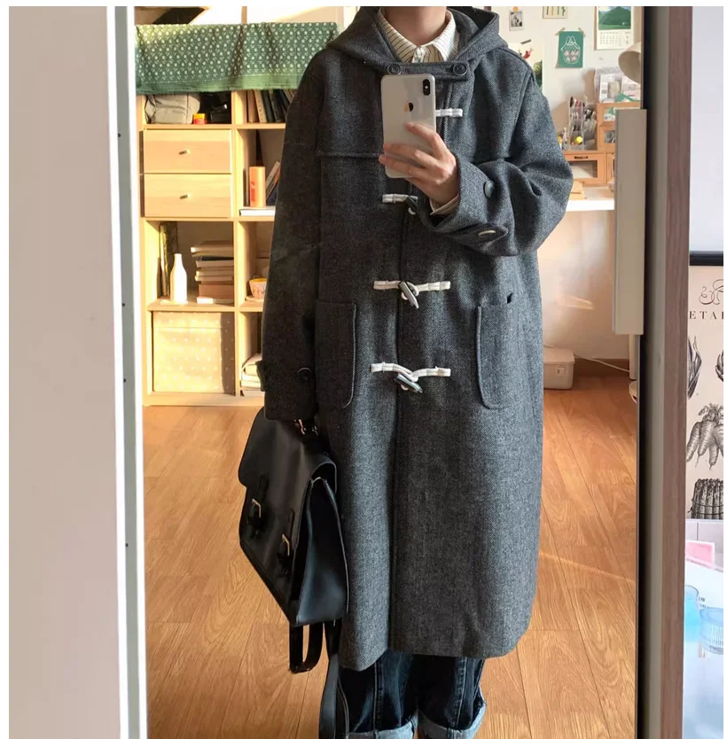 

Autumn and winter women's college style hooded cowhide button wool jacket