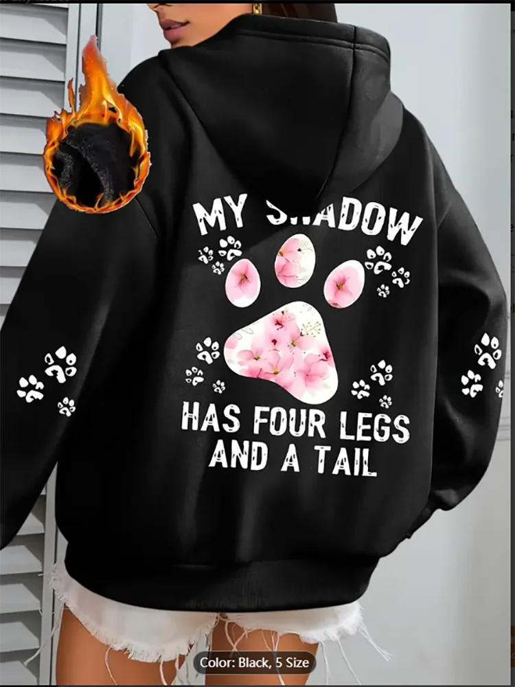 

Long Sleeve Pullover with Paw Print Lettering Kangaroo Pocket Slight Stretch Knit Fabric Drawstring Hood Regular Length Fall