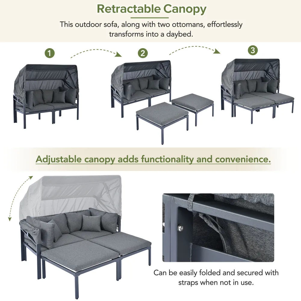 3-Pcs Patio Daybed with Retractable Canopy Outdoor Metal Sectional Sofa Set Sun Lounger with Cushions Backyard Porch Poolside