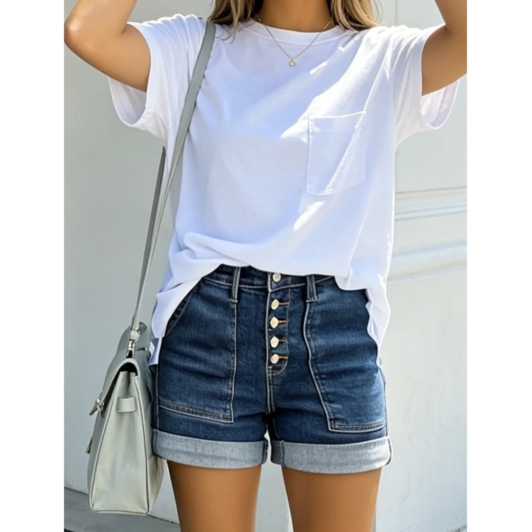 

Womens Shorts Jeans Summer High Waist Button Rolled Hem Slimming Bodycon Trendy Streetwear Chic Elegant Fashion Ultra Mini