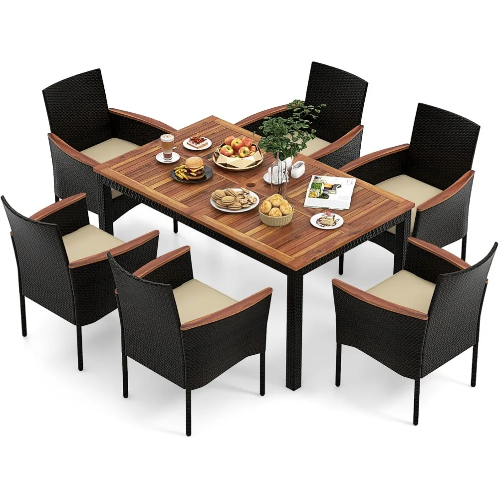 

Outdoor Dining Set for 6, PE Rattan Wicker Patio Furniture Set with Wood Table & Cushioned Armchairs, 1.96'' Umbrella Hole, Pat