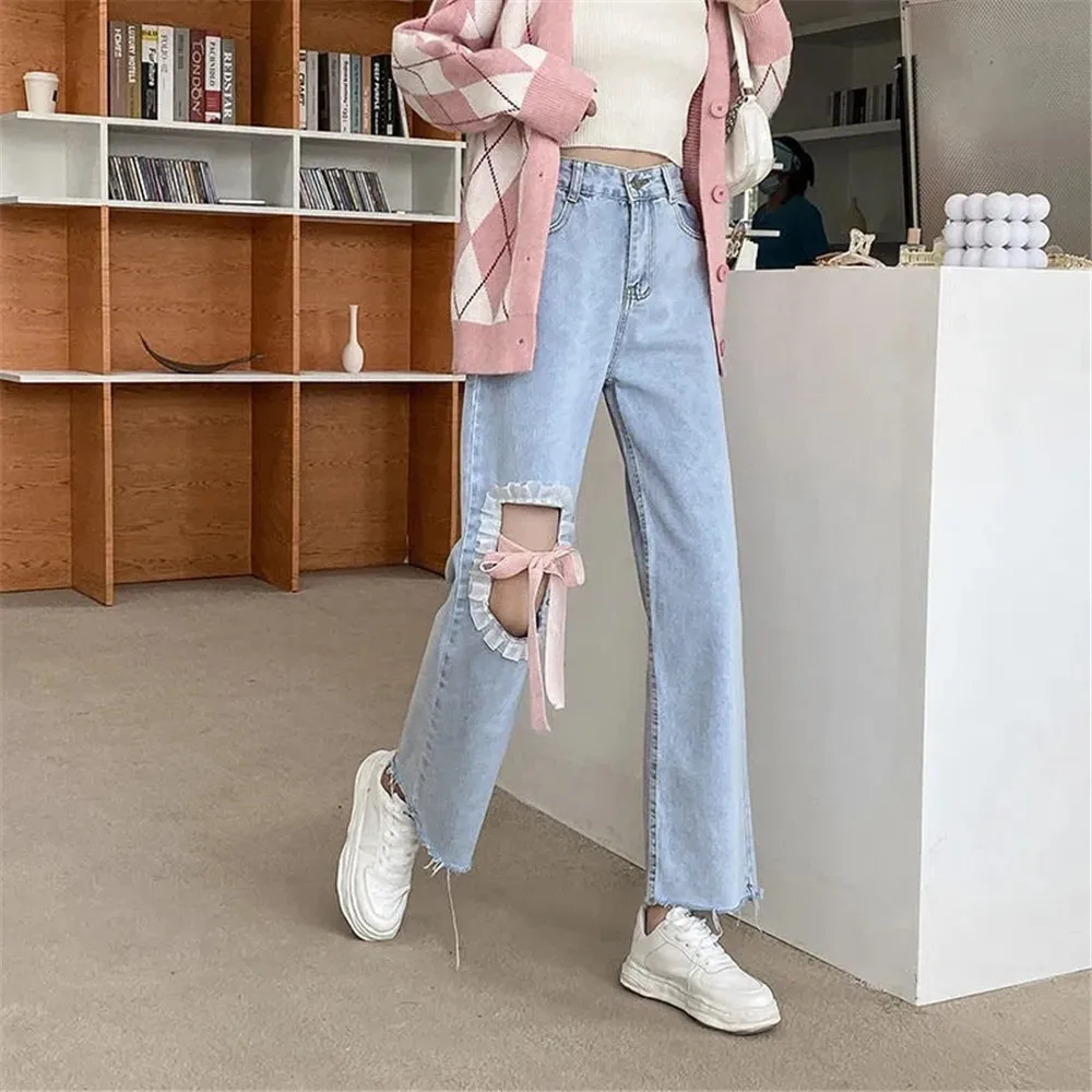 Heart Shaped Hole  Jeans For Women High Waist Mom Jeans Vintage Black Denim Pants Full Length Trouser 2022 Harajuku Streetwear